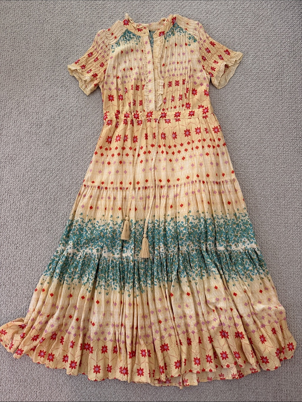 Free People Cream Maxi Dress with Red & Teal Embroidery